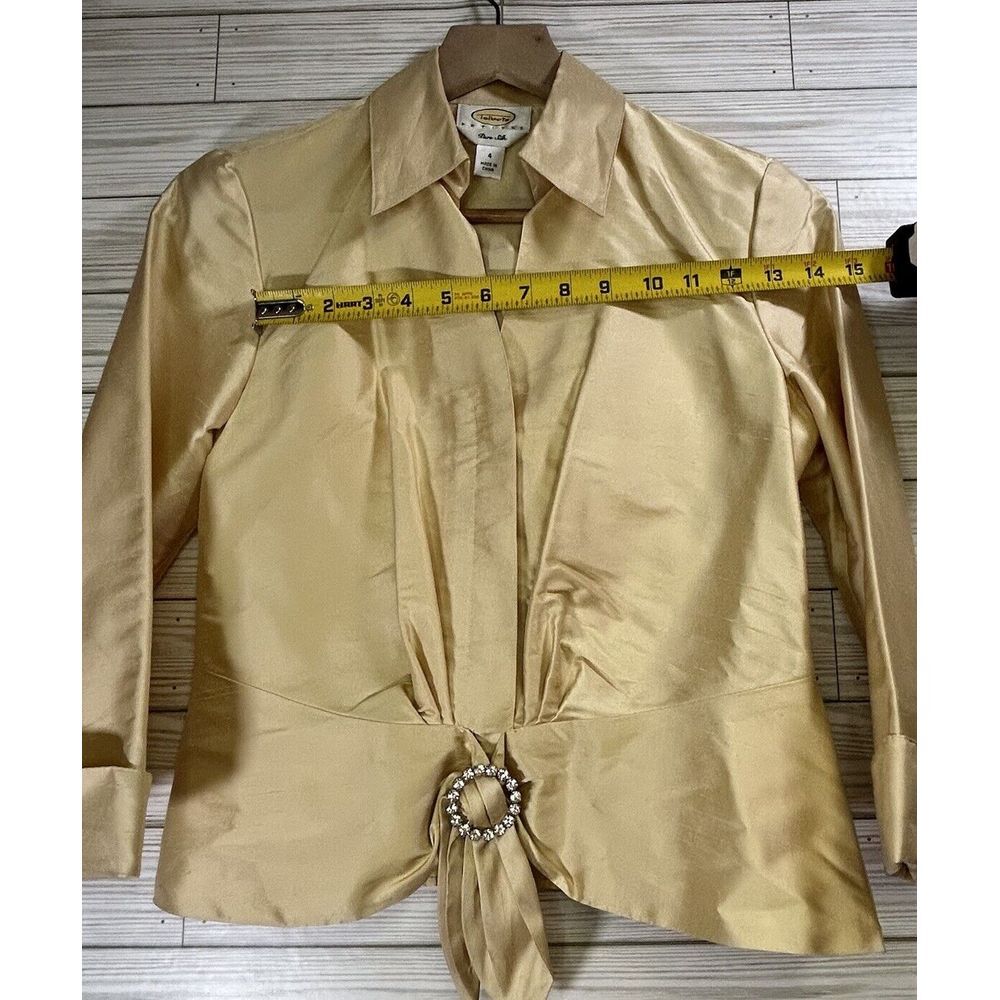 Talbot's Women's Gold Champagne Shantung Silk Blouse Tie Front Sz 4 Side Zip - Picture 10 of 10